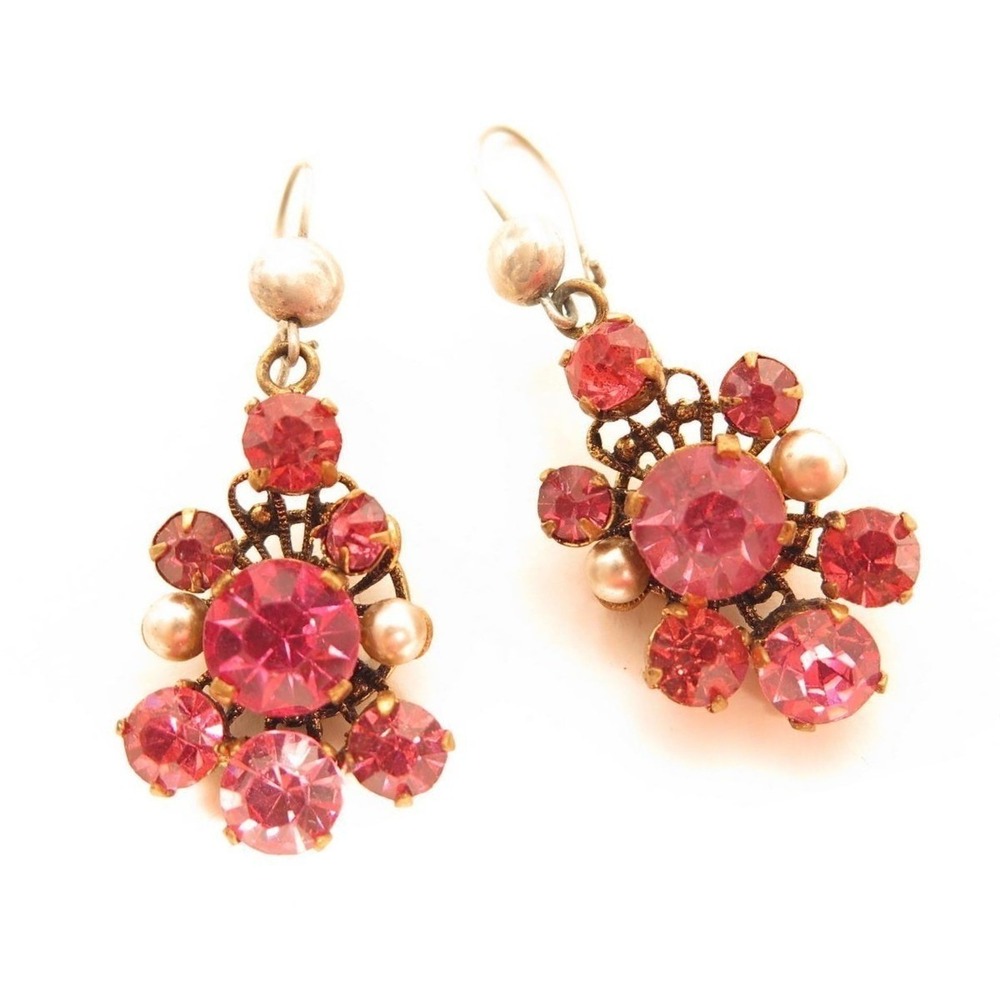 Brilliant Pink Rhinestone Brass Filigree Vintage‎ Sterling Wire Earrings*A654
